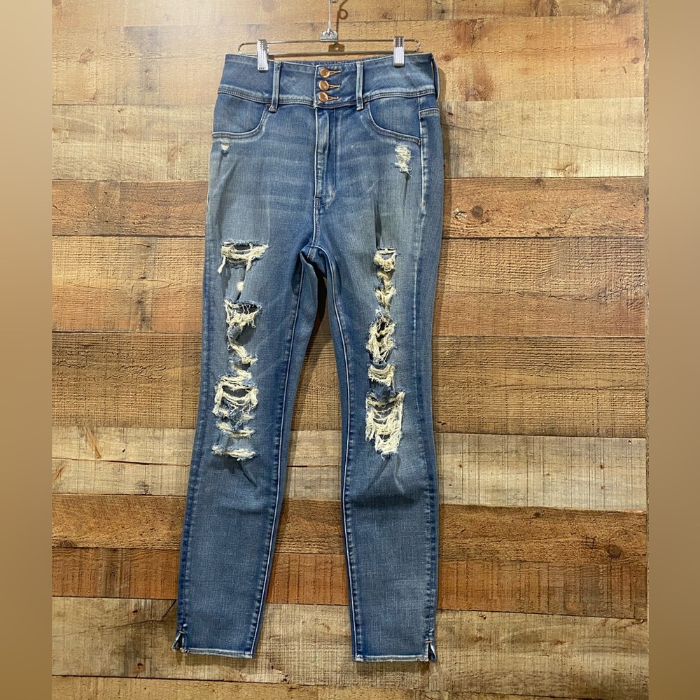American Eagle Super High Rise Distressed Super Stretch 3 Button Jeggings Size 8